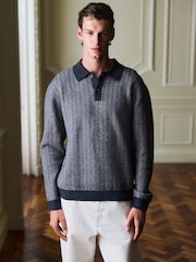 Grey Herringbone Cosy Knit Polo Shirt with Wool - Image 5 of 8