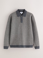 Grey Herringbone Cosy Knit Polo Shirt with Wool - Image 6 of 8