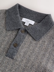 Grey Herringbone Cosy Knit Polo Shirt with Wool - Image 8 of 8
