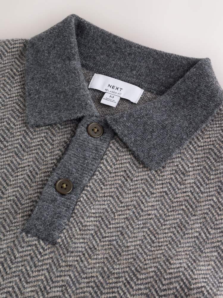 Grey Herringbone Cosy Knit Polo Shirt with Wool - Image 8 of 8