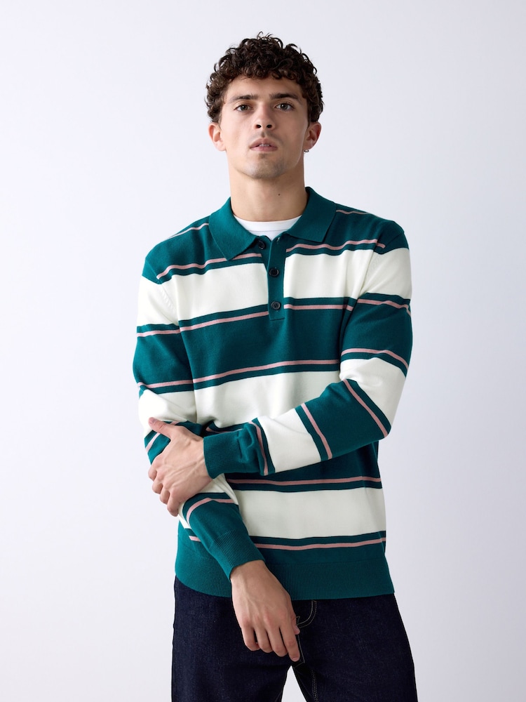 Green/White Striped Knitted Rugby Shirt - Image 1 of 7 Green/White Striped Knitted Rugby Shirt - Image 1 of 7