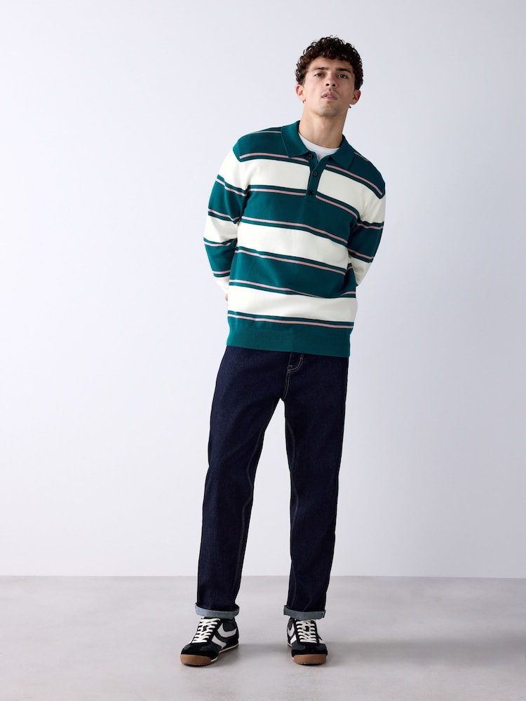 Green/White Striped Knitted Rugby Shirt - Image 2 of 7 Green/White Striped Knitted Rugby Shirt - Image 2 of 7