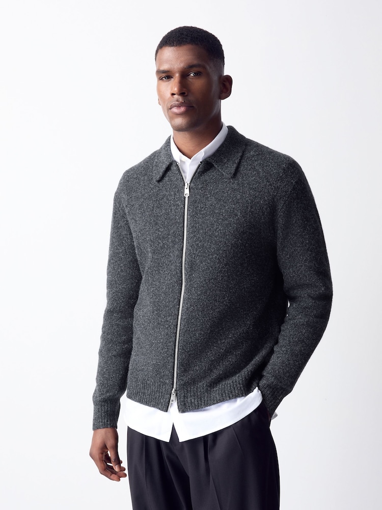 Charcoal Grey Cosy Knitted Zip Through Jacket - Image 1 of 8