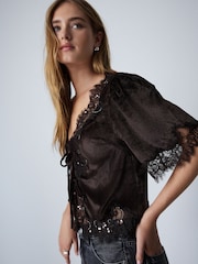 Chocolate Brown Short Sleeved V-Neck Tie Front Top - Image 4 of 9
