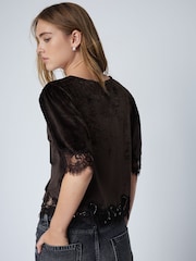 Chocolate Brown Short Sleeved V-Neck Tie Front Top - Image 5 of 9