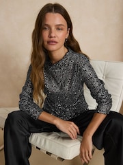 Black Long Sleeved Embellished Mesh Top - Image 2 of 7