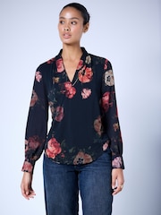 Black/Red Floral Print Long Sleeve V-Neck Cuff Top - Image 1 of 5