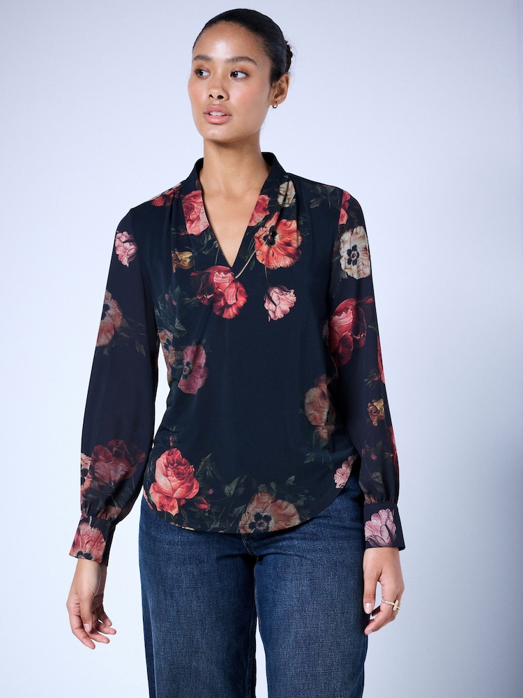 Black/Red Floral Print Long Sleeve V-Neck Cuff Top - Image 1 of 5 Black/Red Floral Print Long Sleeve V-Neck Cuff Top - Image 1 of 5