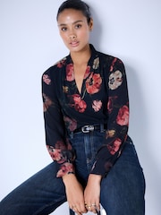 Black/Red Floral Print Long Sleeve V-Neck Cuff Top - Image 3 of 5