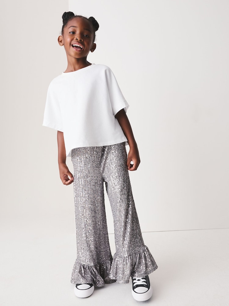 Silver Sequin Frill Hem Trousers (3-16yrs) - Image 2 of 4 Silver Sequin Frill Hem Trousers (3-16yrs) - Image 2 of 4