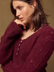 Burgundy Red Pointelle Knit Long Sleeve Henley Jumper - Image 1 of 8