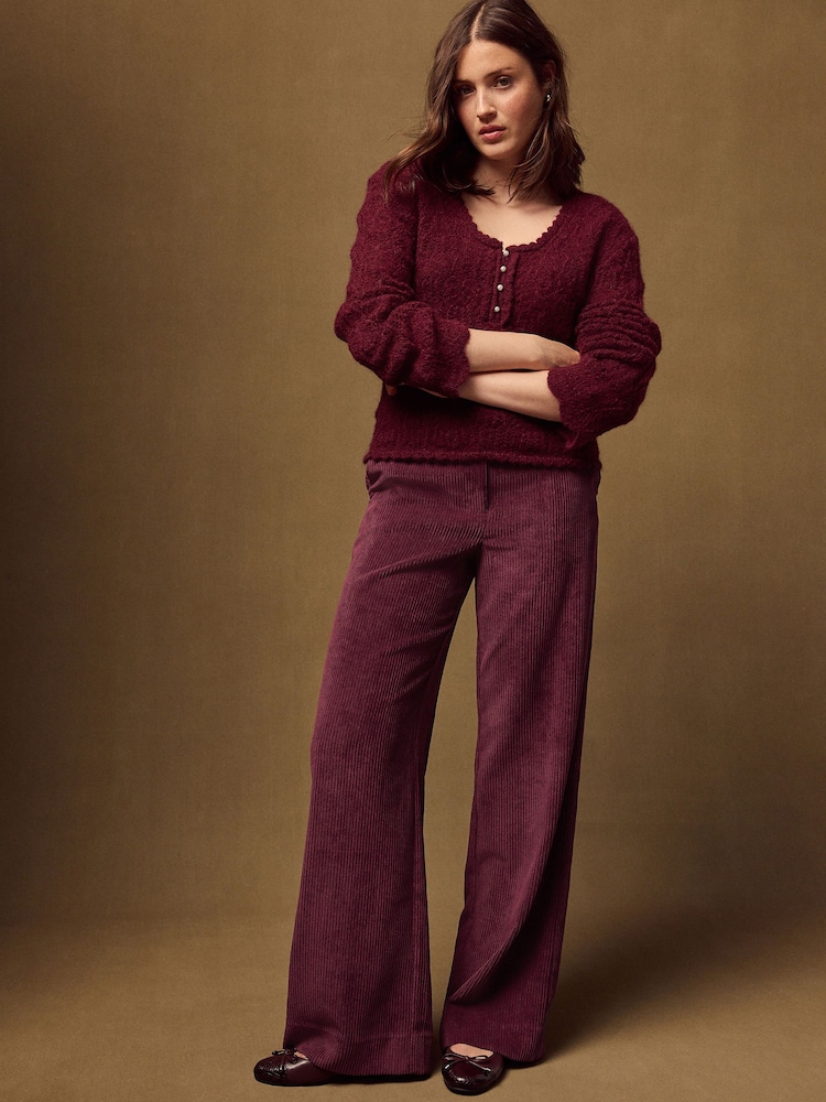 Burgundy Red Pointelle Knit Long Sleeve Henley Jumper - Image 2 of 8 Burgundy Red Pointelle Knit Long Sleeve Henley Jumper - Image 2 of 8