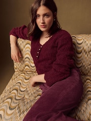 Burgundy Red Pointelle Knit Long Sleeve Henley Jumper - Image 3 of 8