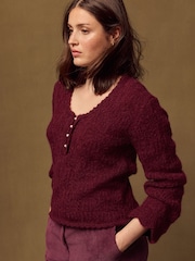 Burgundy Red Pointelle Knit Long Sleeve Henley Jumper - Image 4 of 8