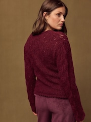 Burgundy Red Pointelle Knit Long Sleeve Henley Jumper - Image 5 of 8