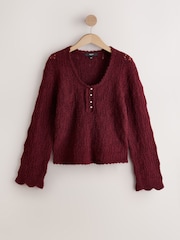 Burgundy Red Pointelle Knit Long Sleeve Henley Jumper - Image 6 of 8