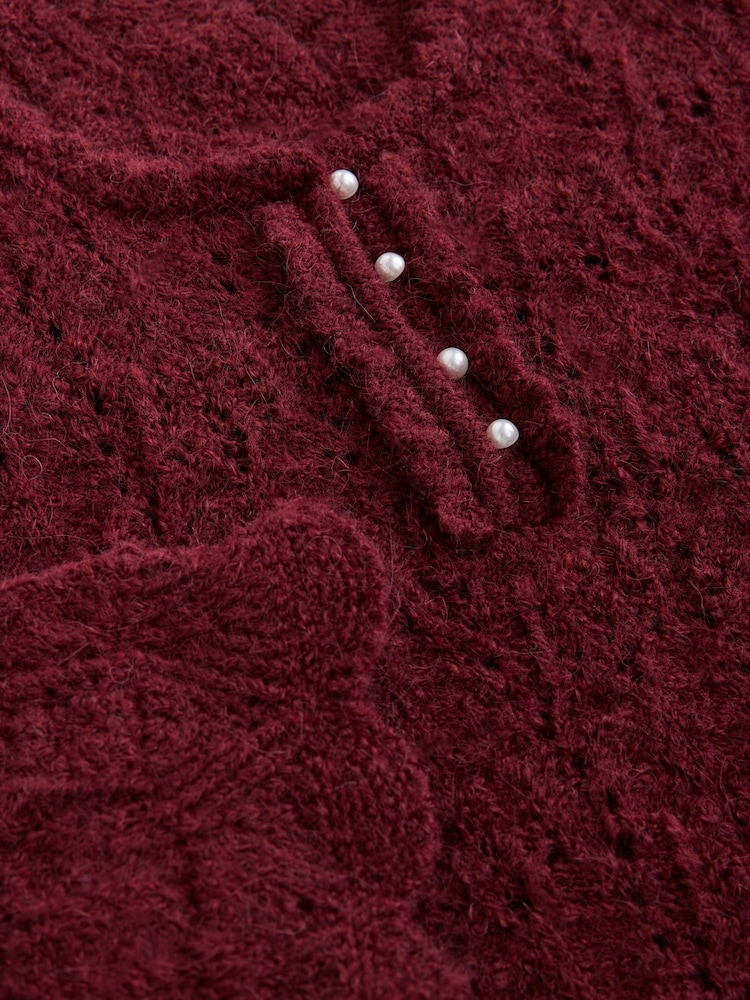 Burgundy Red Pointelle Knit Long Sleeve Henley Jumper - Image 8 of 8 Burgundy Red Pointelle Knit Long Sleeve Henley Jumper - Image 8 of 8