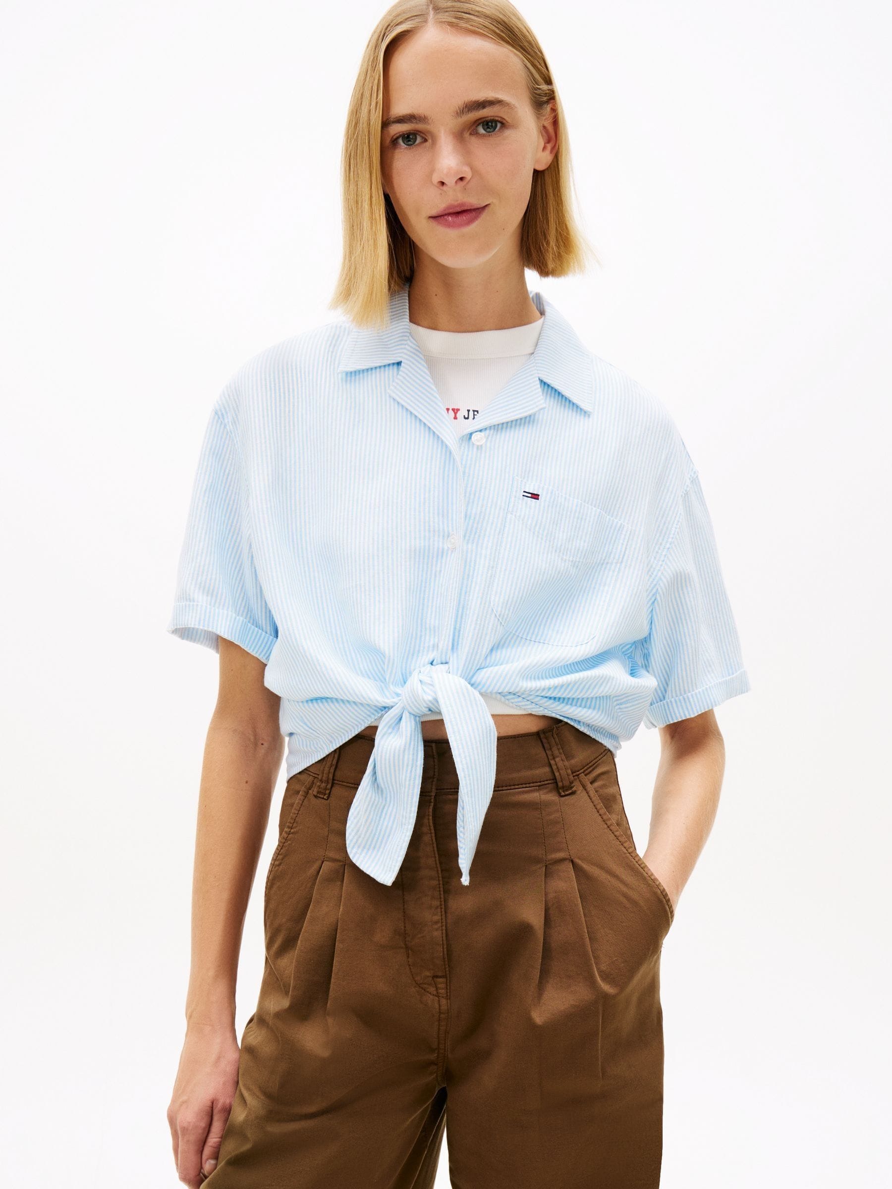Tommy Jeans Women's Blue Relaxed Fit Linen Blend Tie Front Shirt