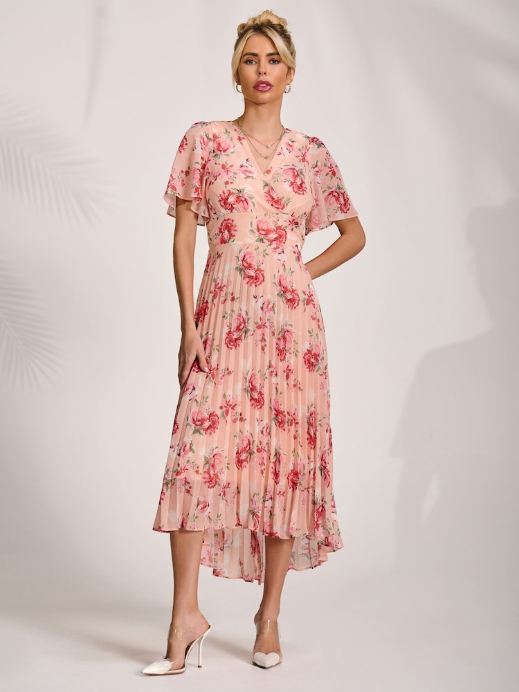 Jolie Moi Orange Printed Chiffon Pleated Maxi Dress - Image 1 of 6 Jolie Moi Orange Printed Chiffon Pleated Maxi Dress - Image 1 of 6