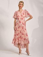 Jolie Moi Orange Printed Chiffon Pleated Maxi Dress - Image 4 of 6