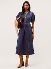 Monsoon Blue Eliza Puff Sleeve Denim Midi Dress - Image 1 of 5