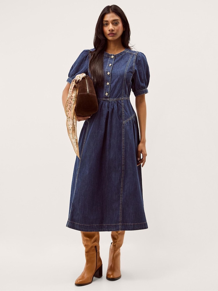 Monsoon Blue Eliza Puff Sleeve Denim Midi Dress - Image 1 of 5