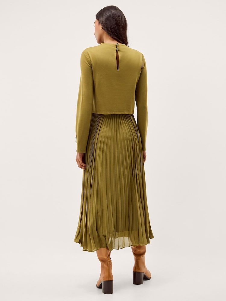 Monsoon Green Penny Pleated Midi Dress - Image 2 of 5 Monsoon Green Penny Pleated Midi Dress - Image 2 of 5