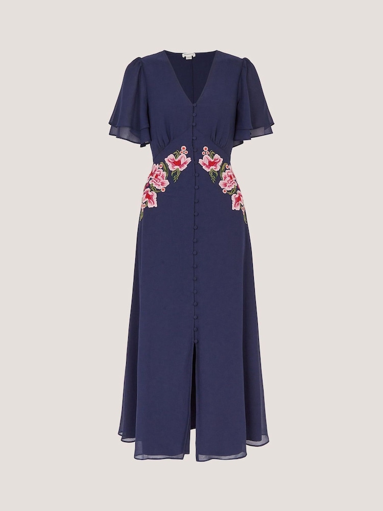 Monsoon Blue Coraline Floral Embroidered Midi Dress - Image 5 of 5