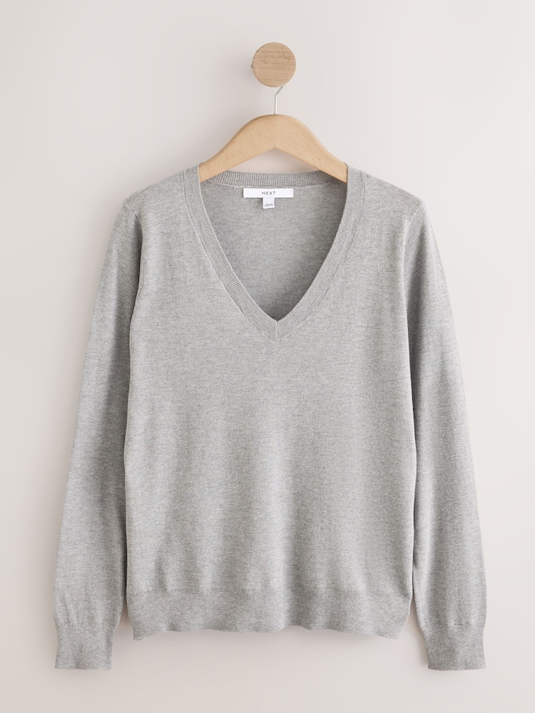 Grey Soft Touch V-Neck Cotton Rich Jumper - Image 1 of 3 Grey Soft Touch V-Neck Cotton Rich Jumper - Image 1 of 3