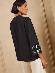 Love & Roses Black Bow Cuff Detail 3/4 Sleeve Blouse - Image 5 of 5