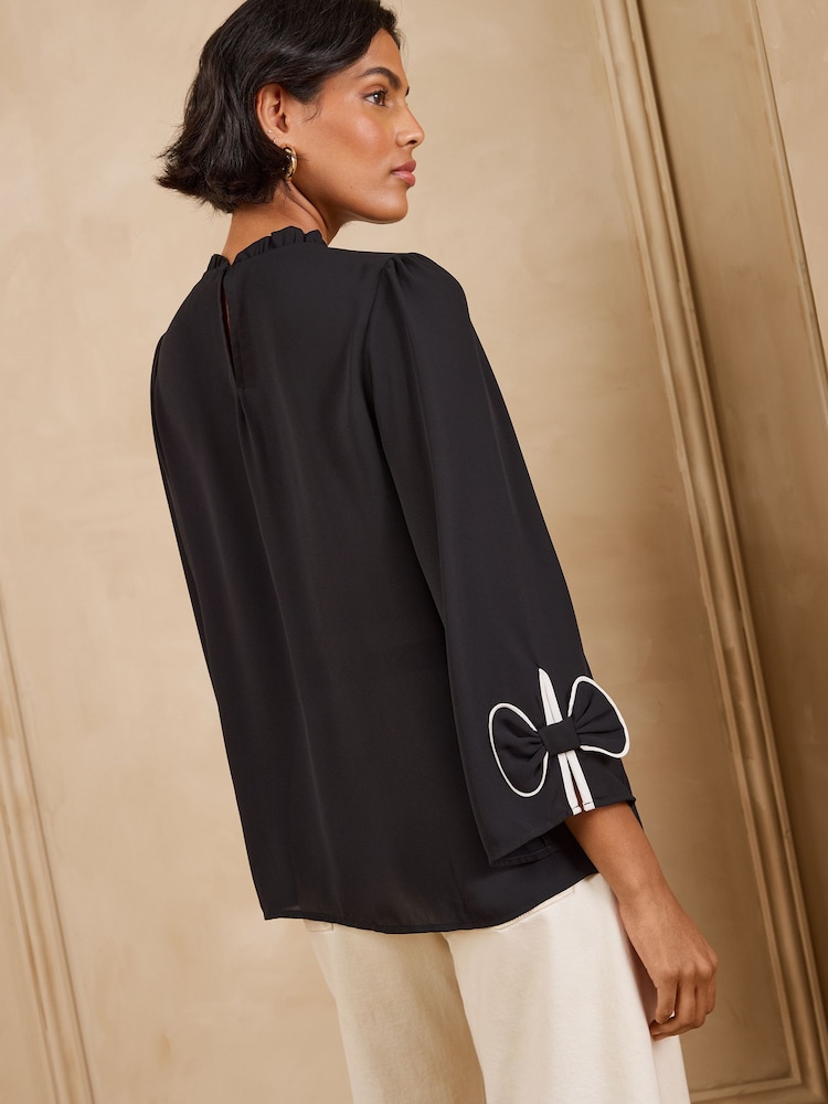 Love & Roses Black Bow Cuff Detail 3/4 Sleeve Blouse - Image 5 of 5