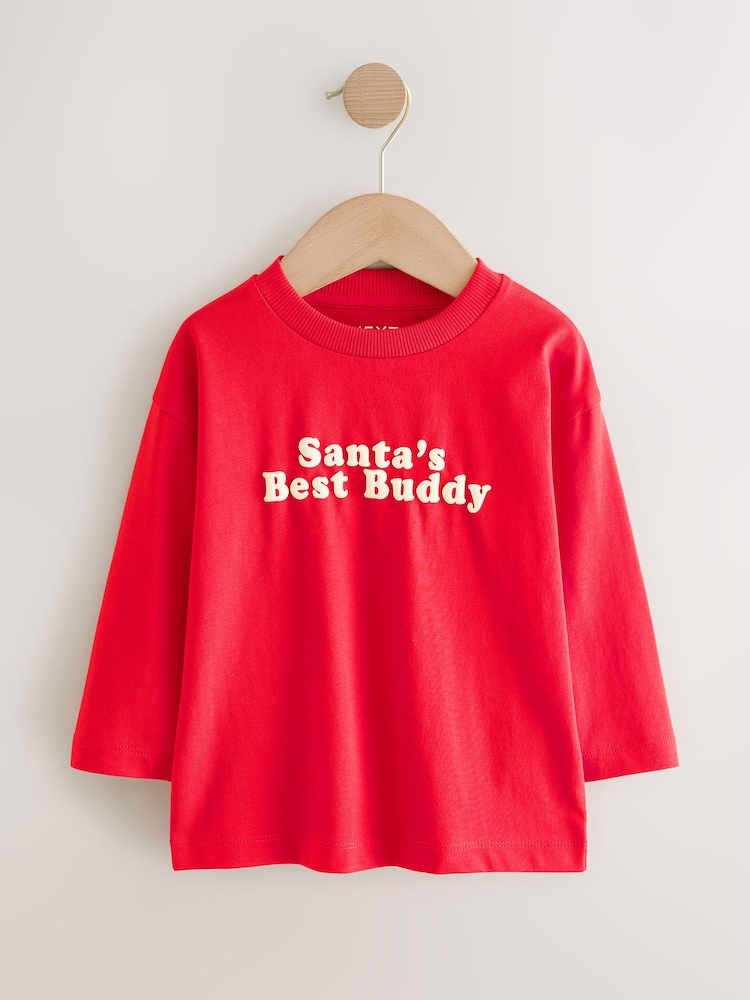 Bright Red Santa's Best Buddy Long Sleeve Christmas T-Shirt (3mths-7yrs) - Image 1 of 4 Bright Red Santa's Best Buddy Long Sleeve Christmas T-Shirt (3mths-7yrs) - Image 1 of 4