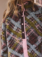 Green/Pink Tartan Button Through Borg Fleece - Image 6 of 10