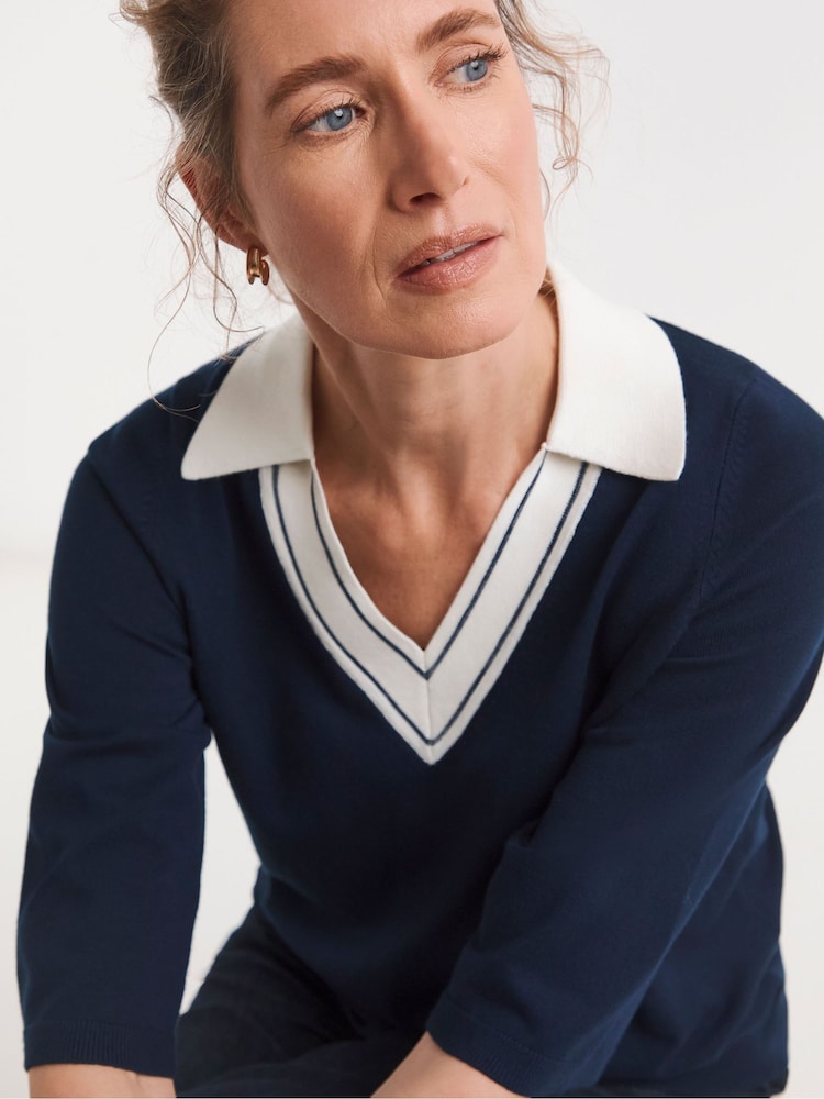 JD Williams Blue Contrast Collar V-Neck Jumper - Image 4 of 4