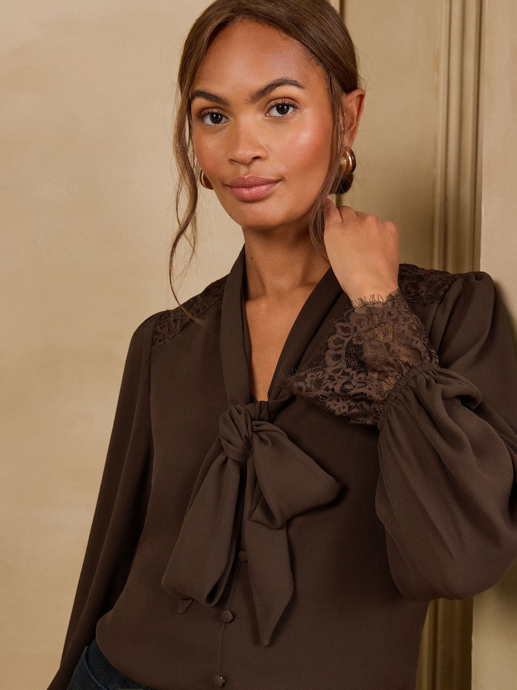 Love & Roses Chocolate Brown Lace Cuff Pussybow Blouse - Image 2 of 5 Love & Roses Chocolate Brown Lace Cuff Pussybow Blouse - Image 2 of 5