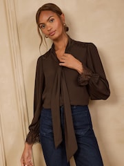 Love & Roses Chocolate Brown Lace Cuff Pussybow Blouse - Image 4 of 5