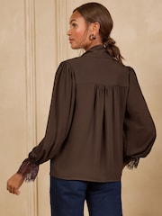 Love & Roses Chocolate Brown Lace Cuff Pussybow Blouse - Image 5 of 5