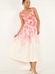 Roman Red Petite Floral Waist Stretch Midi Dress - Image 1 of 5