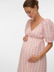 Mamalicious Pink Maternity Puff Sleeve V-Neck Dress - Image 1 of 3