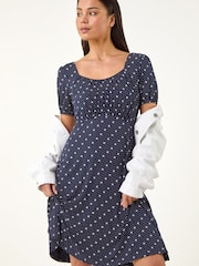 Roman Blue Petite Floral Polka Dot Stretch Dress - Image 1 of 5