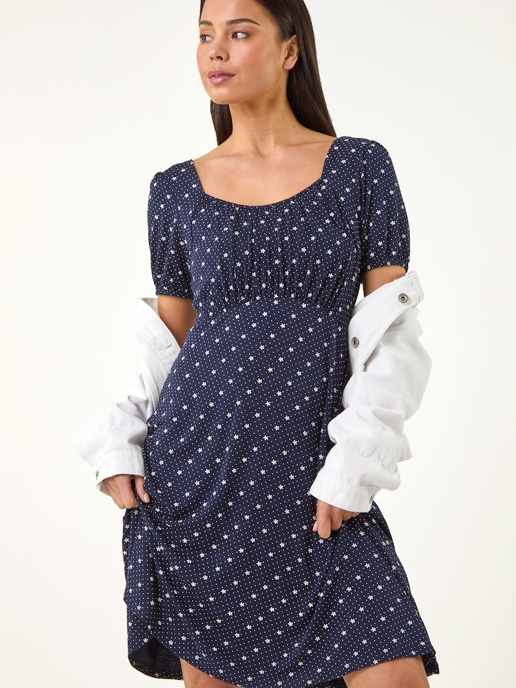 Roman Blue Petite Floral Polka Dot Stretch Dress - Image 1 of 5 Roman Blue Petite Floral Polka Dot Stretch Dress - Image 1 of 5