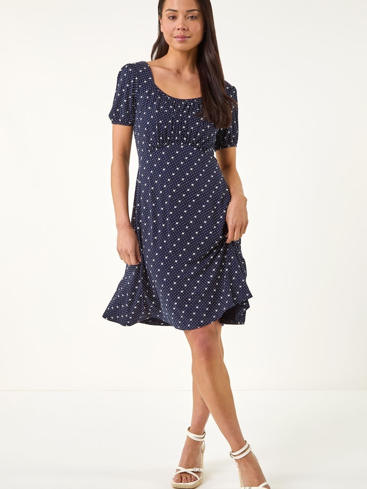 Roman Blue Petite Floral Polka Dot Stretch Dress - Image 2 of 5 Roman Blue Petite Floral Polka Dot Stretch Dress - Image 2 of 5