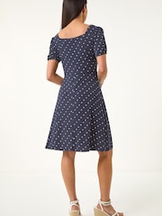 Roman Blue Petite Floral Polka Dot Stretch Dress - Image 3 of 5