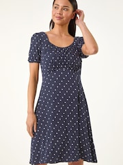 Roman Blue Petite Floral Polka Dot Stretch Dress - Image 4 of 5