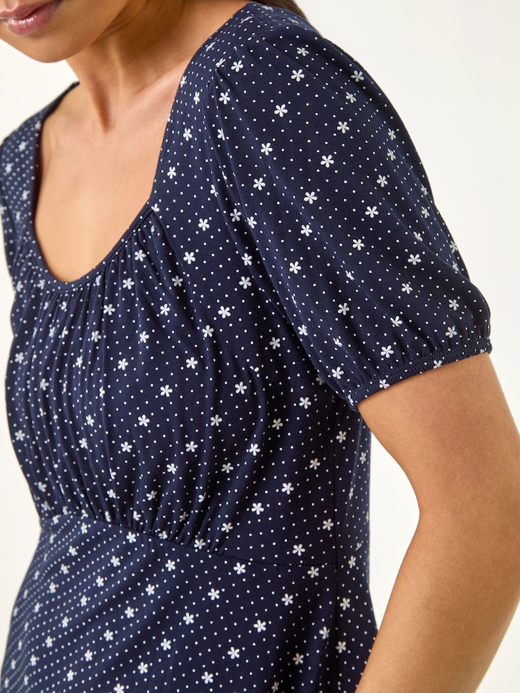 Roman Blue Petite Floral Polka Dot Stretch Dress - Image 5 of 5 Roman Blue Petite Floral Polka Dot Stretch Dress - Image 5 of 5