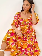 Roman Orange Petite Floral Puff Sleeve Tiered Dress - Image 1 of 5