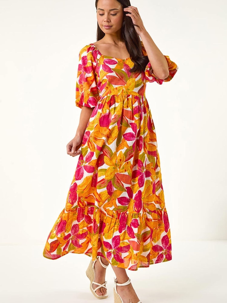 Roman Orange Petite Floral Puff Sleeve Tiered Dress - Image 2 of 5
