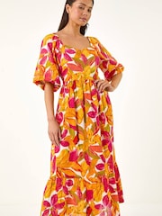 Roman Orange Petite Floral Puff Sleeve Tiered Dress - Image 4 of 5