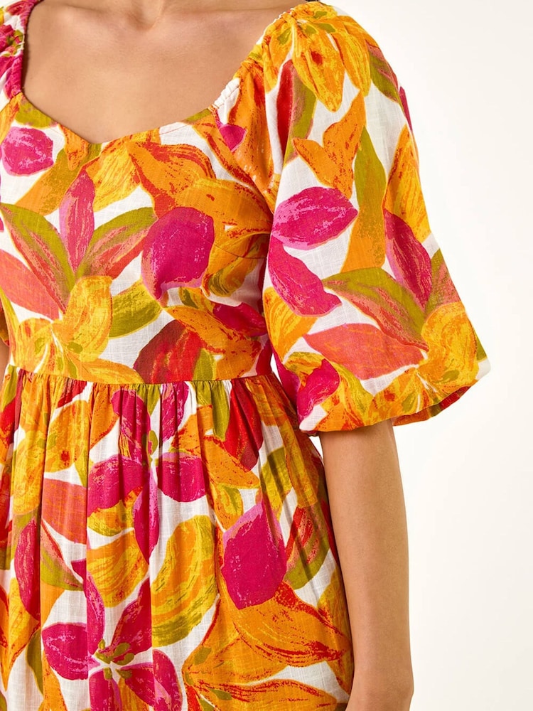 Roman Orange Petite Floral Puff Sleeve Tiered Dress - Image 5 of 5