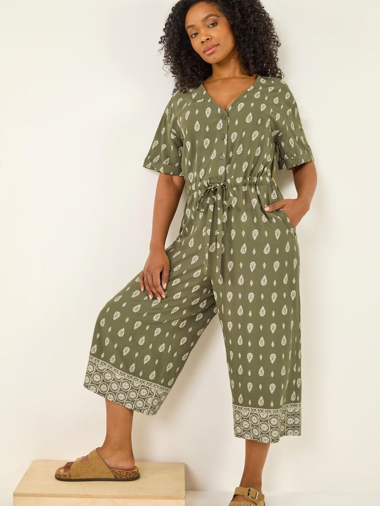 Roman Green Petite Border Print Cropped Jumpsuit - Image 1 of 5 Roman Green Petite Border Print Cropped Jumpsuit - Image 1 of 5